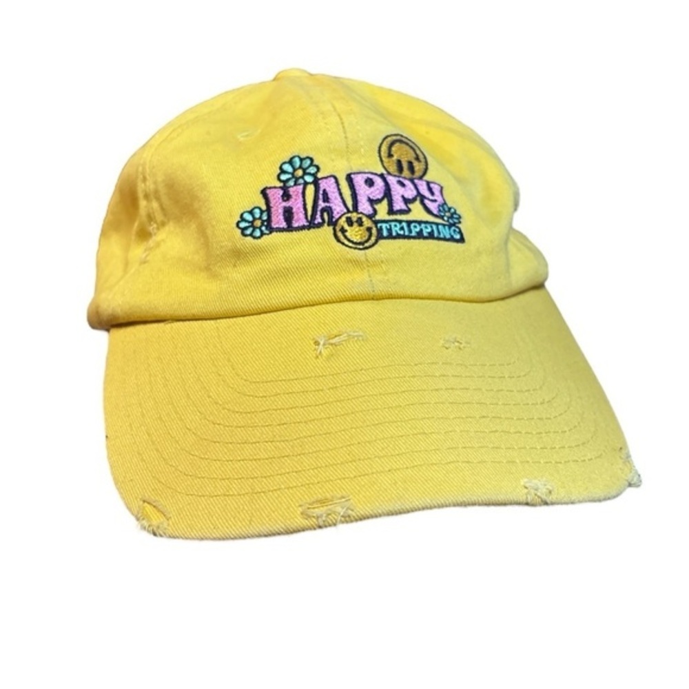 Spencer’s Happy Tripping Floral Smokey Face Strapback Hat Yellow Pink and Green
